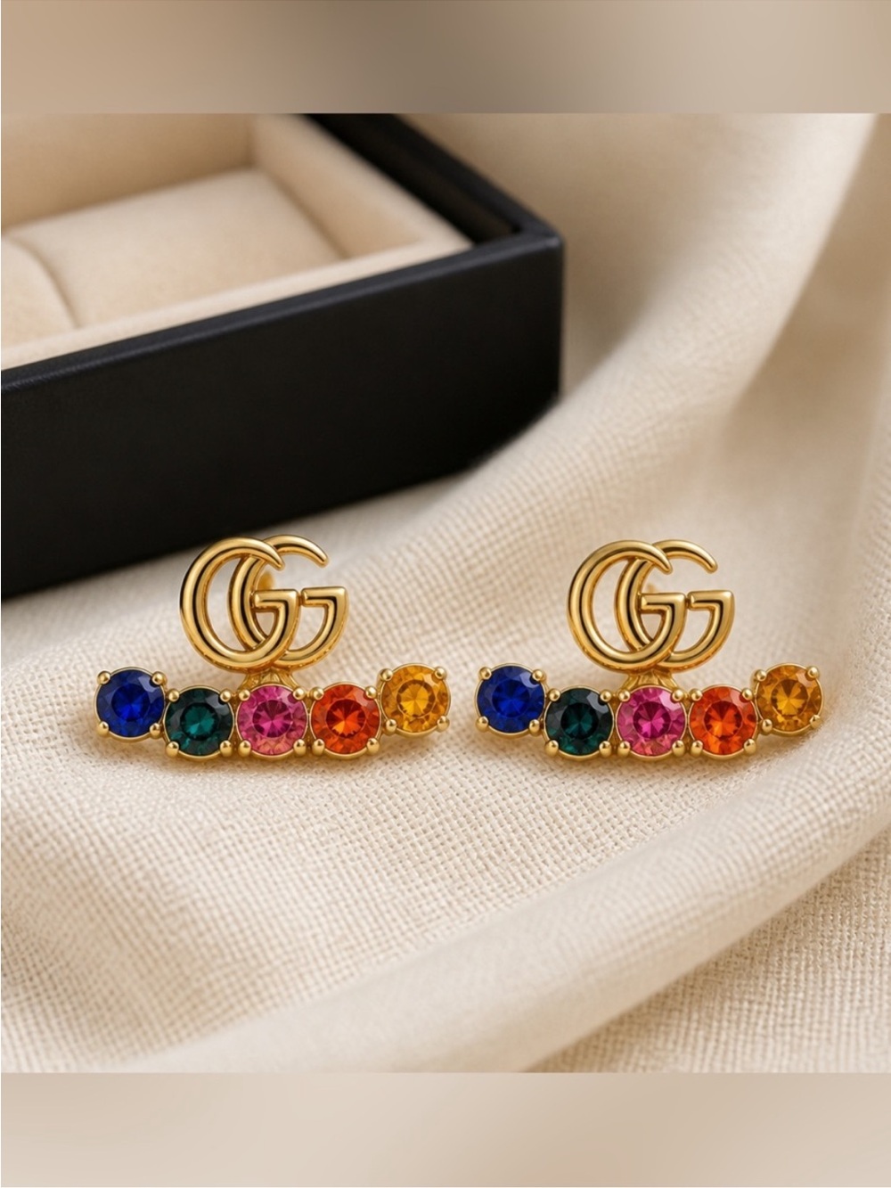 Gucci Gold Double G Rainbow Crystal Earrings
